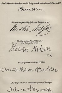 Signatures de Lord Nelson avant et après la perte de son bras droit, de 